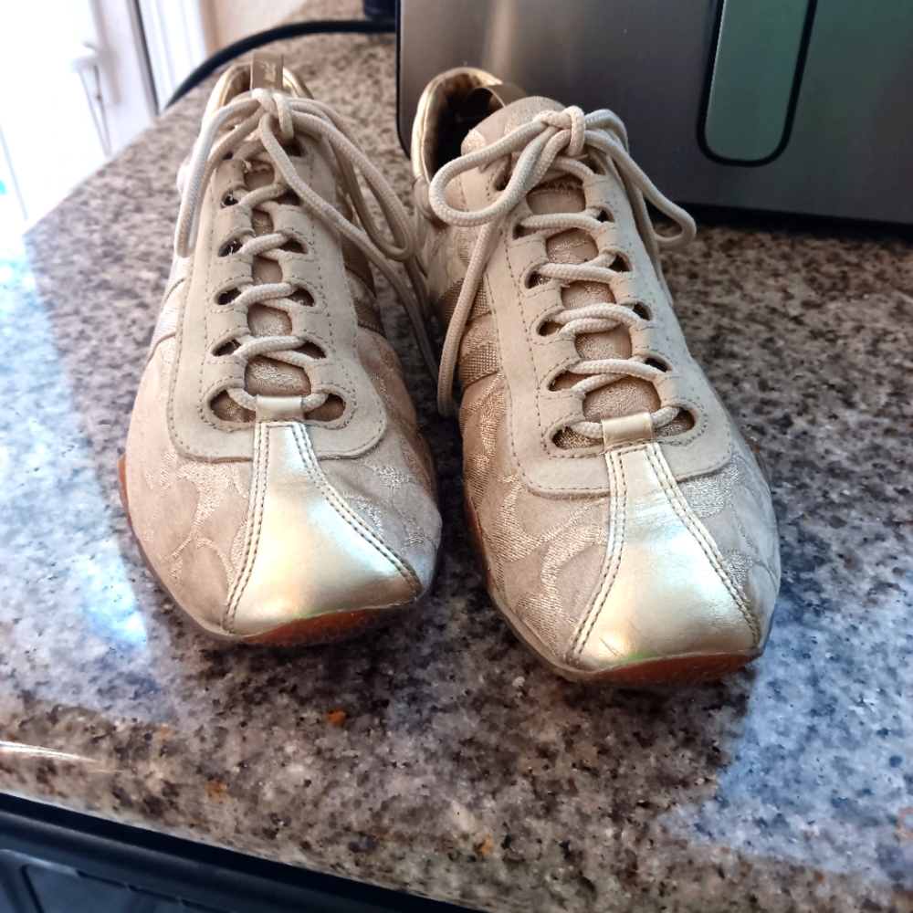 Coach Gorgeous Beige, Gold Metallic Accent Sneakers